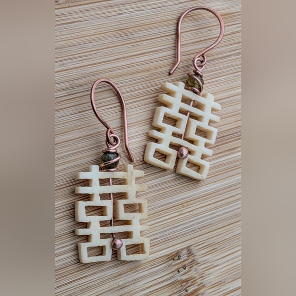 Artisan Jewelry - Carved Bone Kanji Earrings Pure Copper Wire Rare Green Apatite Gems